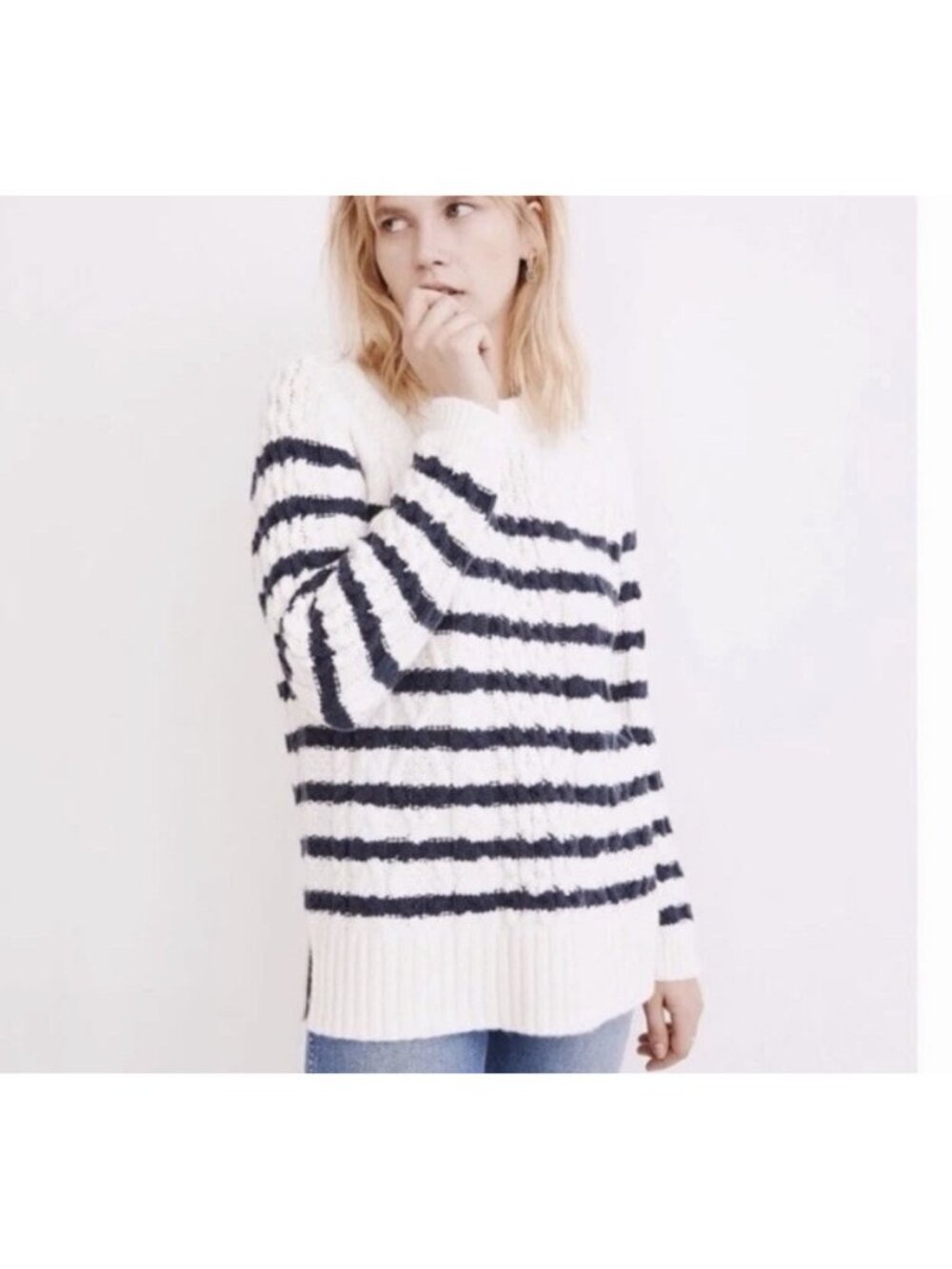 Madewell Linelle Sweater Women XL Cream Navy Striped Cable Knit Pullover Coastal